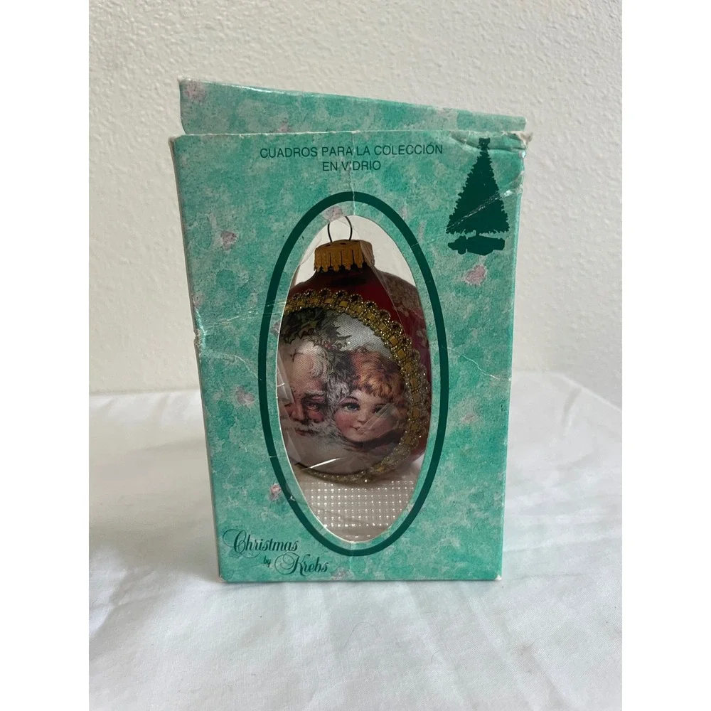 VTG Christmas by Krebs Ornament 1992 Santa on Silk Red Gold Glass Ball USA